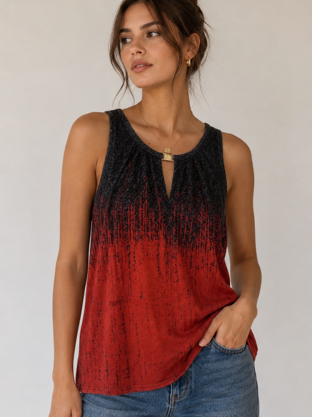 Women's Ombre Keyhole Tank Top - Red and Black